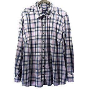 Lands End Women Flannel Top Size 2X Plus Pink Blue Plaid Ruffle Back Long Sleeve